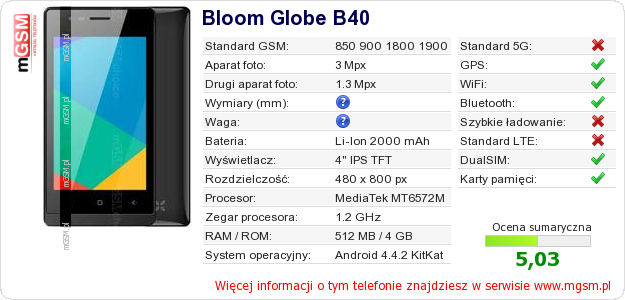 Dane telefonu Bloom Globe B40