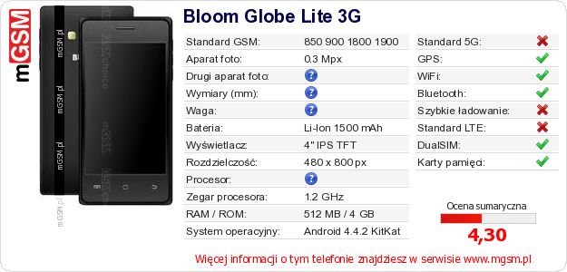 Dane telefonu Bloom Globe Lite 3G Dane telefonu Bloom Globe Lite 3G