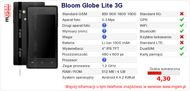 Dane telefonu Bloom Globe Lite 3G