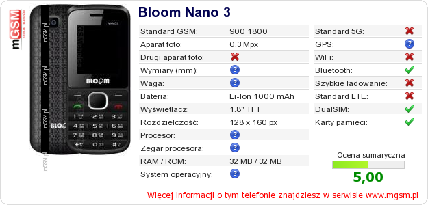 Dane telefonu Bloom Nano 3 Dane telefonu Bloom Nano 3