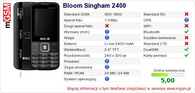 Dane telefonu Bloom Singham 2400