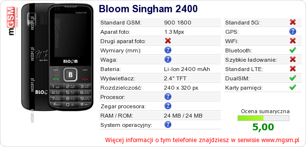 Dane telefonu Bloom Singham 2400