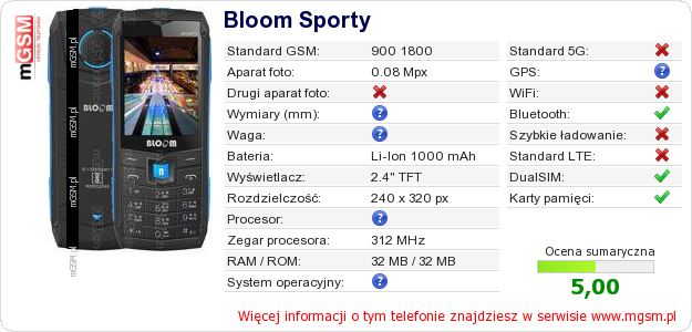 Dane telefonu Bloom Sporty