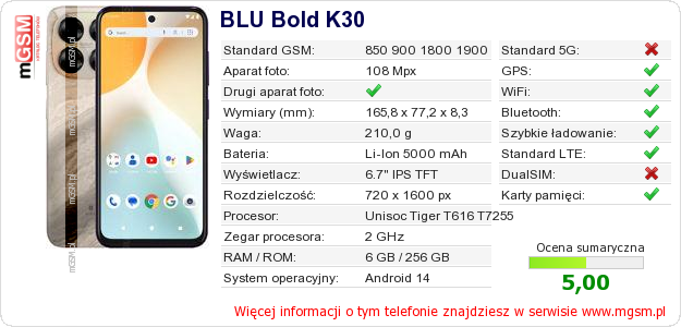 Dane telefonu BLU Bold K30