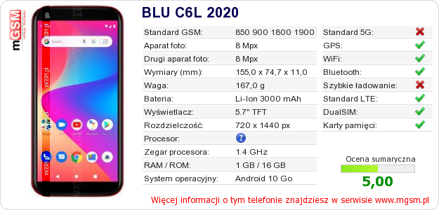 Dane telefonu BLU C6L 2020