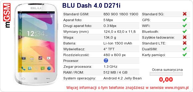 Dane telefonu BLU Dash 4.0 D271i Dane telefonu BLU Dash 4.0 D271i