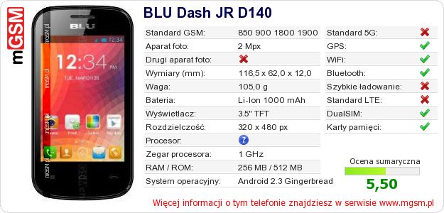 Dane telefonu BLU Dash JR D140 Dane telefonu BLU Dash JR D140
