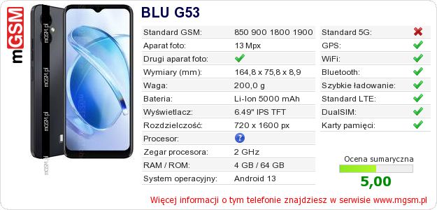 Dane telefonu BLU G53