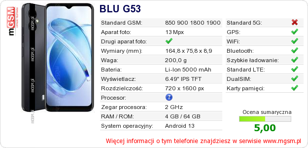 Dane telefonu BLU G53