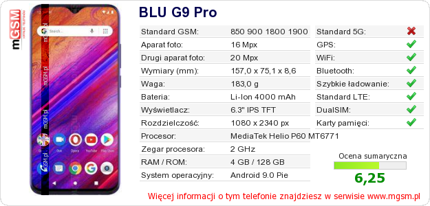 Dane telefonu BLU G9 Pro Dane telefonu BLU G9 Pro