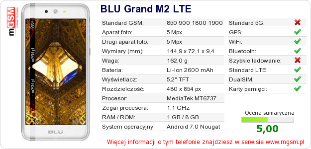 Dane telefonu BLU Grand M2 LTE