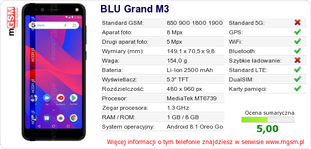 Dane telefonu BLU Grand M3