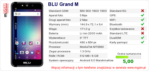 Dane telefonu BLU Grand M