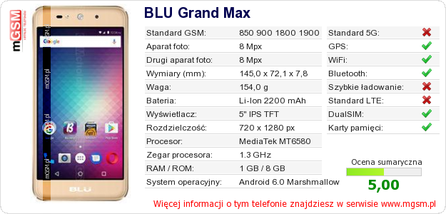 Dane telefonu BLU Grand Max