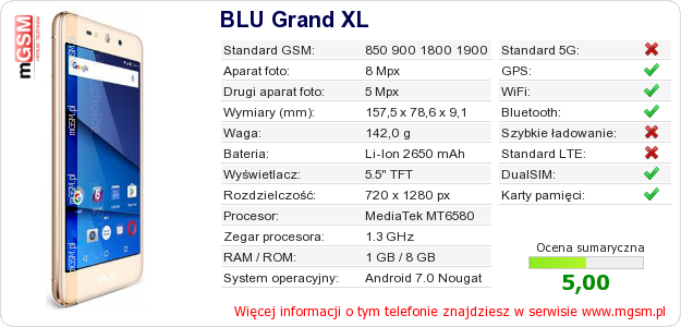Dane telefonu BLU Grand XL