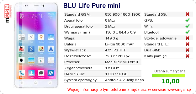 Dane telefonu BLU Life Pure mini