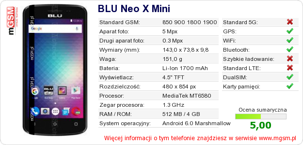 Dane telefonu BLU Neo X Mini