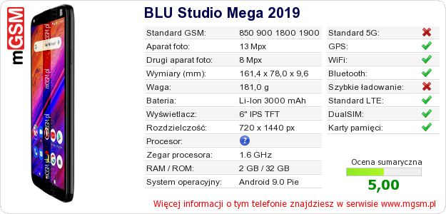 Dane telefonu BLU Studio Mega 2019 Dane telefonu BLU Studio Mega 2019