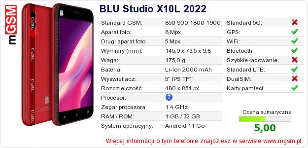 Dane telefonu BLU Studio X10L 2022 Dane telefonu BLU Studio X10L 2022