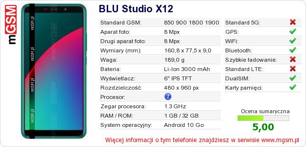 Dane telefonu BLU Studio X12 Dane telefonu BLU Studio X12