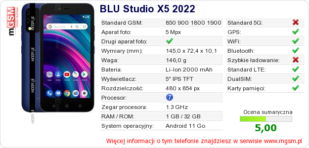 Dane telefonu BLU Studio X5 2022