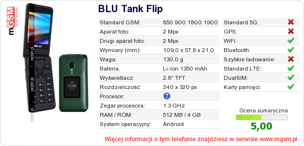 Dane telefonu BLU Tank Flip