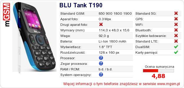 Dane telefonu BLU Tank T190 Dane telefonu BLU Tank T190