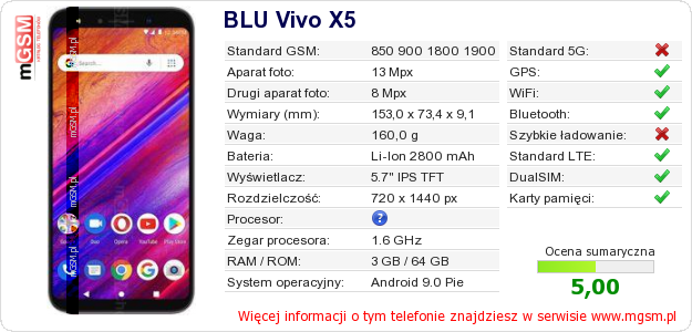 Dane telefonu BLU Vivo X5
