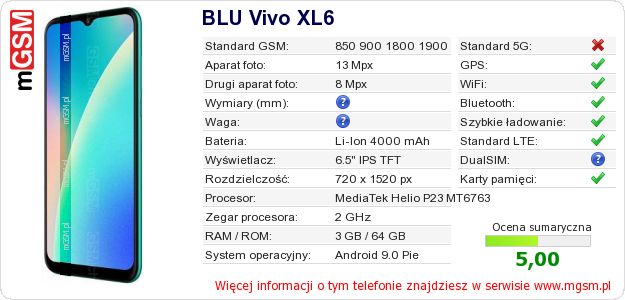 Dane telefonu BLU Vivo XL6