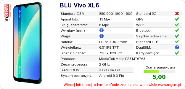 Dane telefonu BLU Vivo XL6