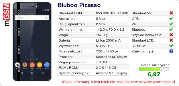 Dane telefonu Bluboo Picasso