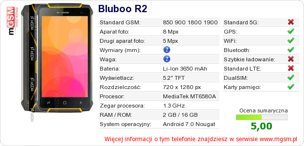 Dane telefonu Bluboo R2