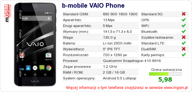 Dane telefonu b-mobile VAIO Phone