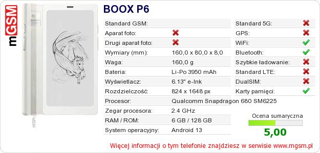 Dane telefonu BOOX P6 Dane telefonu BOOX P6