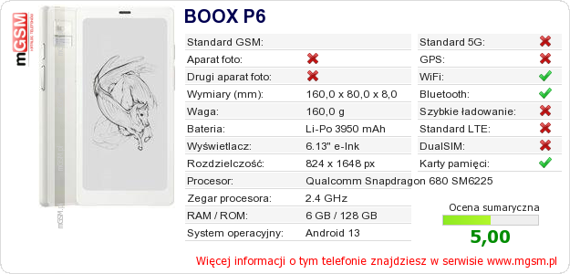 Dane telefonu BOOX P6