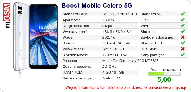 Dane telefonu Boost Mobile Celero 5G