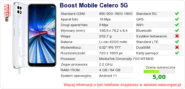 Dane telefonu Boost Mobile Celero 5G