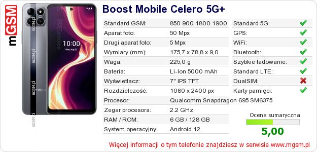 Dane telefonu Boost Mobile Celero 5G+
