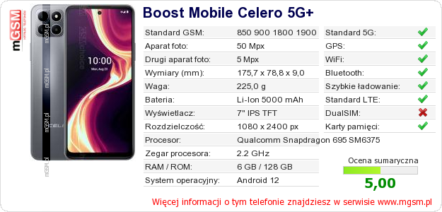 Dane telefonu Boost Mobile Celero 5G+