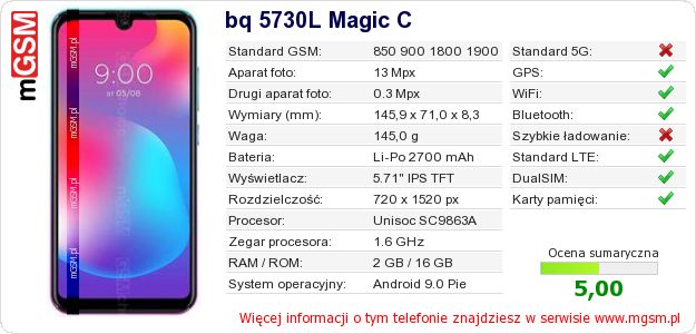 Dane telefonu bq 5730L Magic C Dane telefonu bq 5730L Magic C