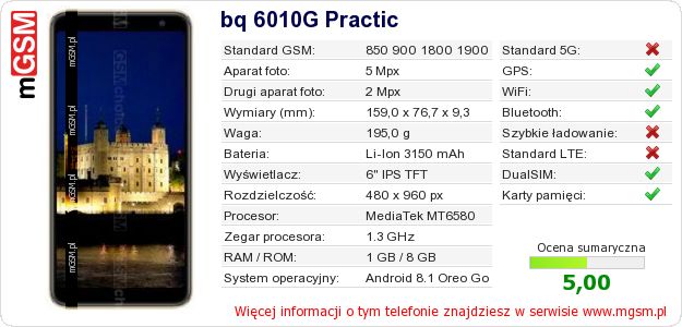 Dane telefonu bq 6010G Practic Dane telefonu bq 6010G Practic