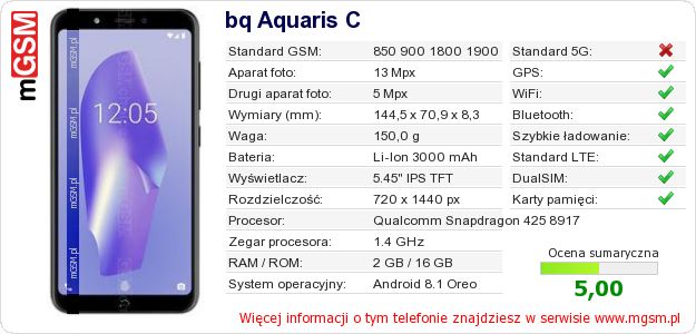 Dane telefonu bq Aquaris C Dane telefonu bq Aquaris C