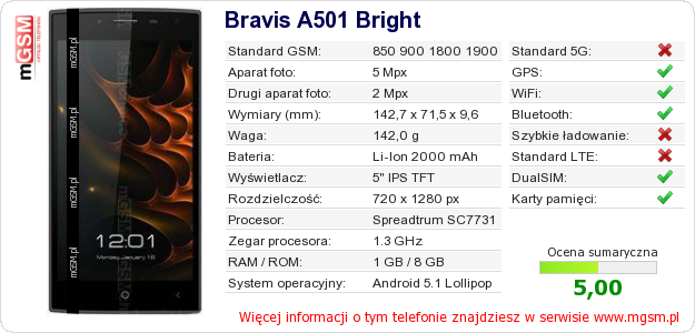 Dane telefonu Bravis A501 Bright Dane telefonu Bravis A501 Bright