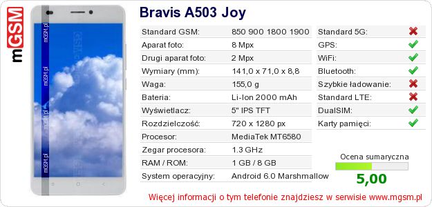 Dane telefonu Bravis A503 Joy