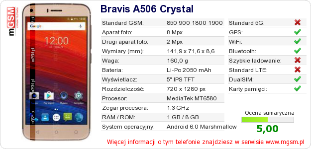 Dane telefonu Bravis A506 Crystal