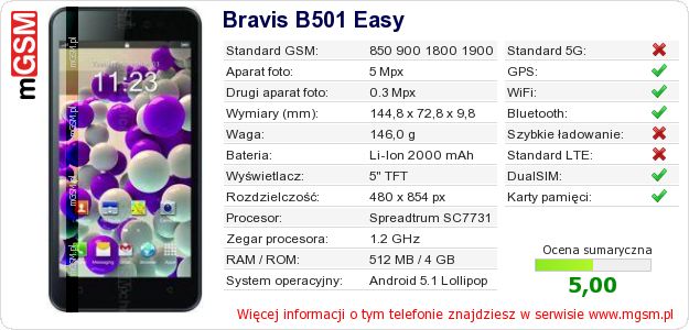 Dane telefonu Bravis B501 Easy