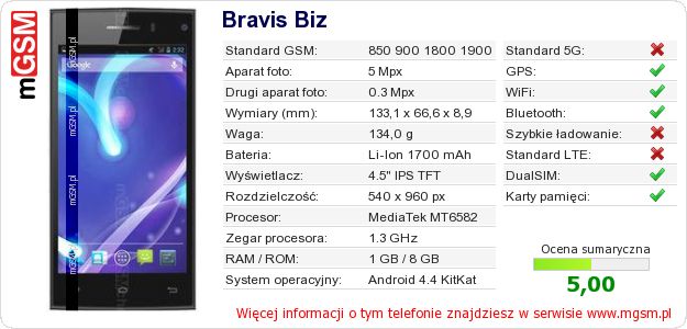 Dane telefonu Bravis Biz
