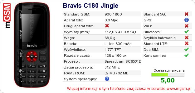 Dane telefonu Bravis C180 Jingle
