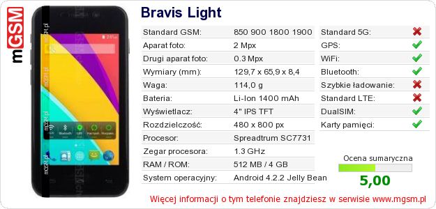 Dane telefonu Bravis Light
