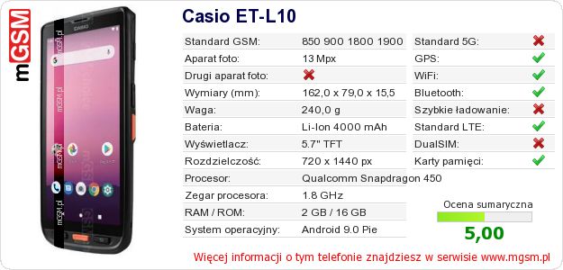 Dane telefonu Casio ET-L10 Dane telefonu Casio ET-L10
